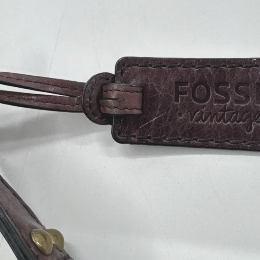 Vintage FOSSIL Leather Shoulder Messenger Bag Dark Plum Large Purse Y2K Hobnail